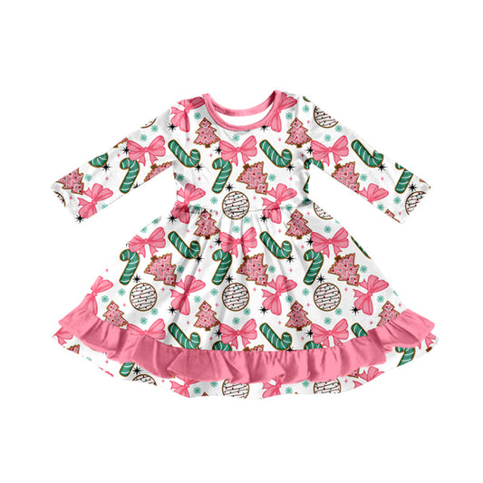 ( Moq 5 ) Preorder Baby Girl Long Sleeves Candy Cane Pink Bows Tree Christmas Ruffle Dress