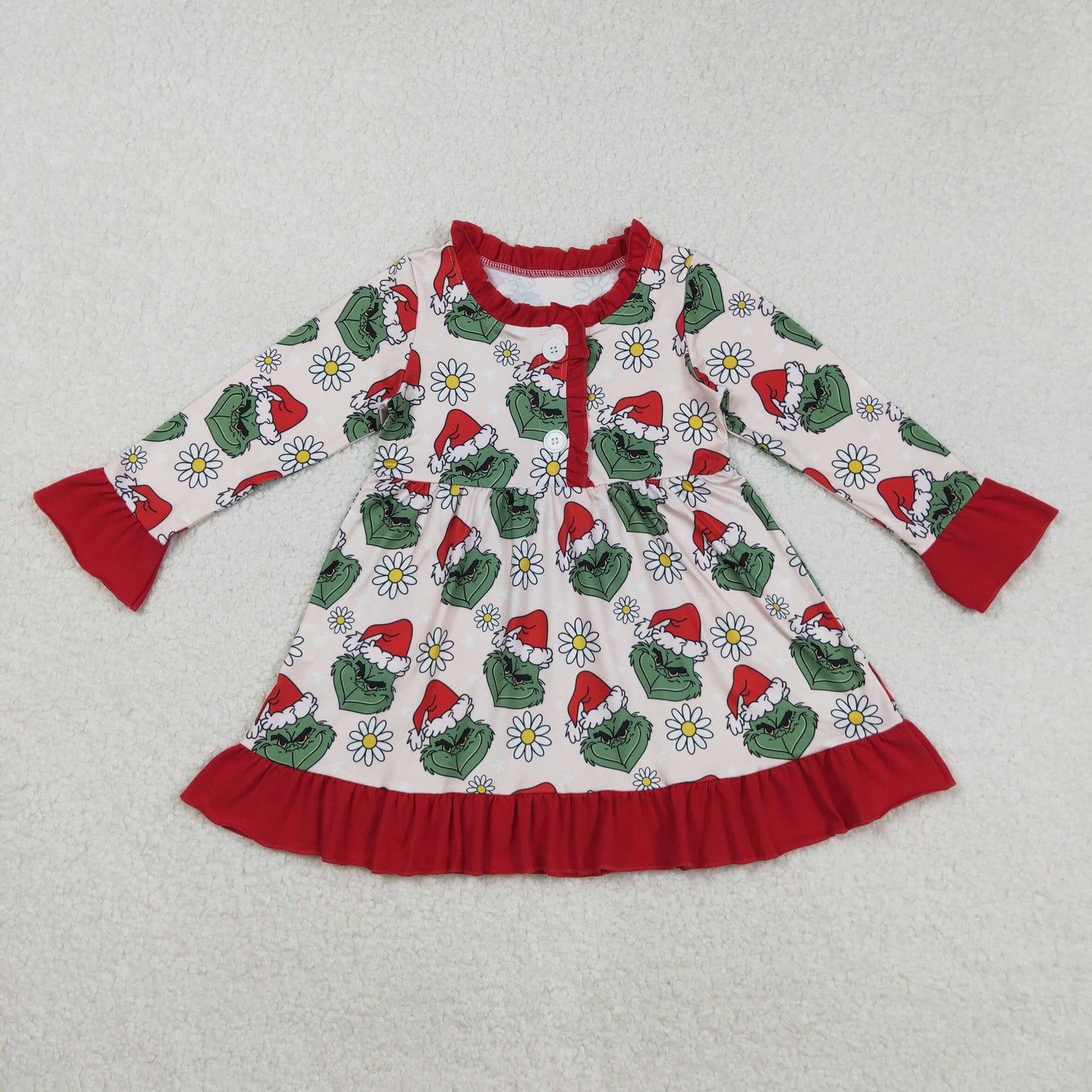 Kids Girls Long Sleeves Green Face Flower Christmas Sibling Pajamas Footie Romper Dress Set RTS