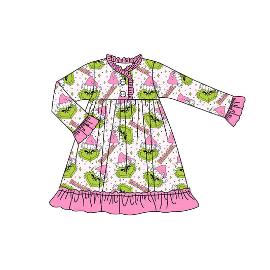 ( Moq 5 ) Preorder Baby Girl Long Sleeves Green Face Pink Ruffle Christmas Buttons Gown Dress