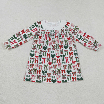 Sibling Baby Girls Green Red Bows Long Sleeves Christmas Knee Length Dresses