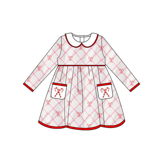 ( Moq 5 ) Preorder Baby Girl Long Sleeves Candy Cane Pockets Christmas Knee Length Dress