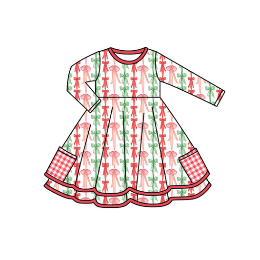 ( Moq 5 ) Preorder Baby Girl Long Sleeves Green Red Bows Christmas Knee Length Dress