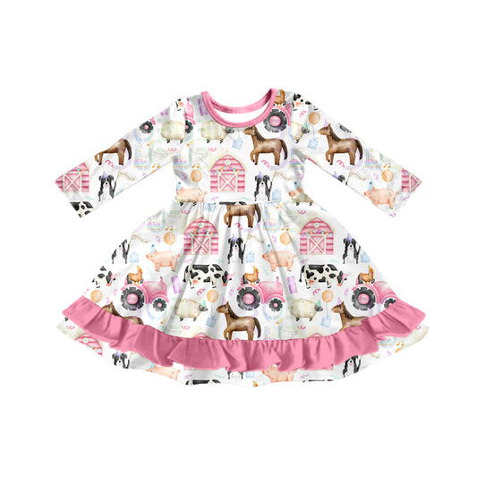 ( Moq 5 ) Preorder Baby Girl Long Sleeves Farm Animals Pink Ruffle Knee Length Ruffle Dress