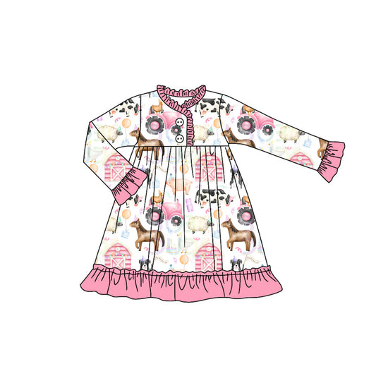 ( Moq 5 ) Preorder Baby Girl Long Sleeves Farm Animals Pink Knee Length Pajamas Gown Dress