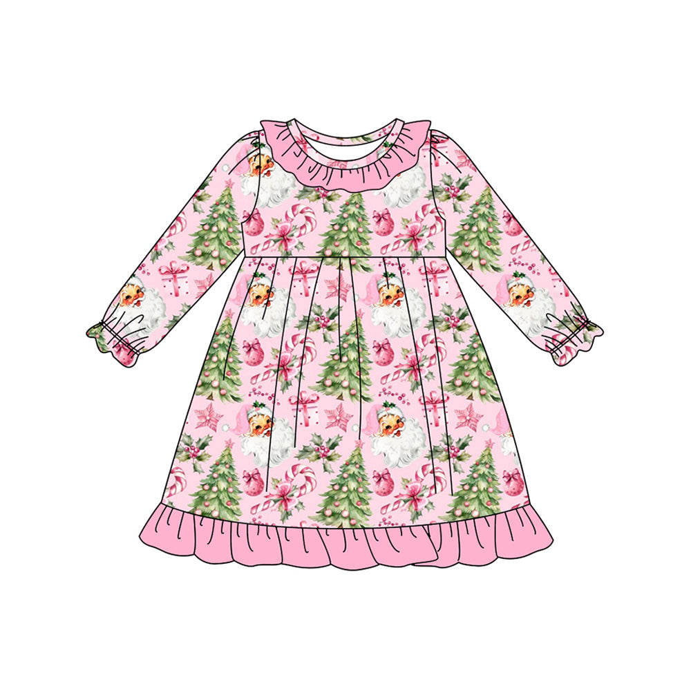 ( Moq 5 ) Preorder Baby Girl Long Sleeves Santa Candy Cane Christmas Pink Ruffe Knee Length Dress