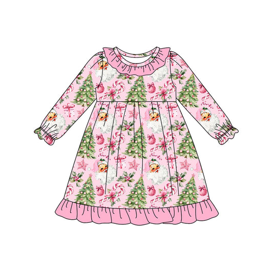 ( Moq 5 ) Preorder Baby Girl Long Sleeves Santa Candy Cane Christmas Pink Ruffe Knee Length Dress
