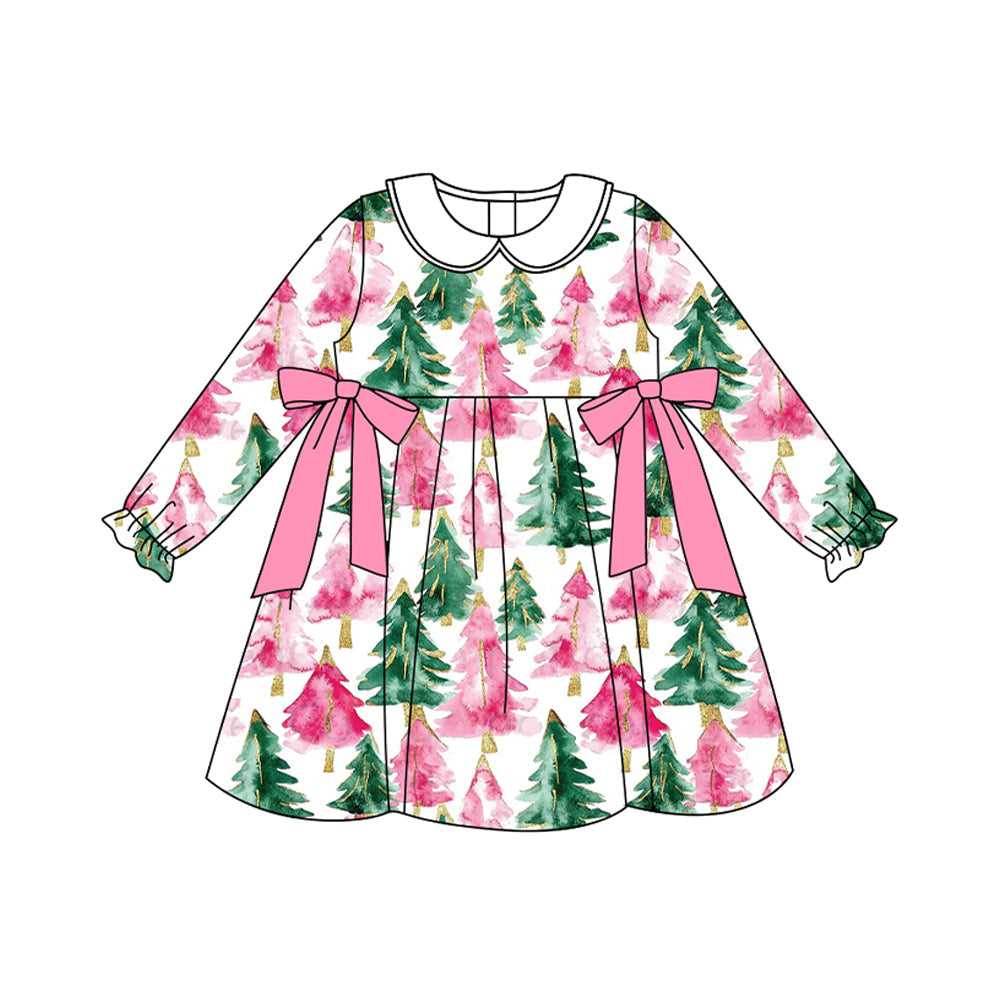 ( Moq 5 ) Preorder Baby Girl Long Sleeves Tree Bows Christmas Knee Length Dress