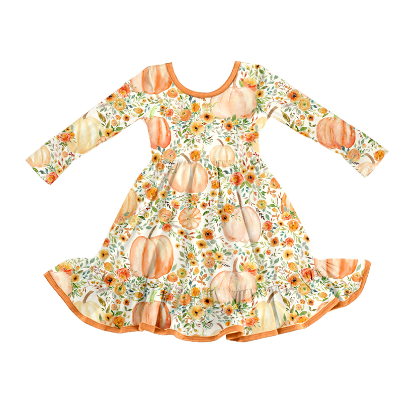 ( Moq 5 ) Preorder Baby Girl Long Sleeves Pumpkins Flower Fall Ruffle Knee Length Dress