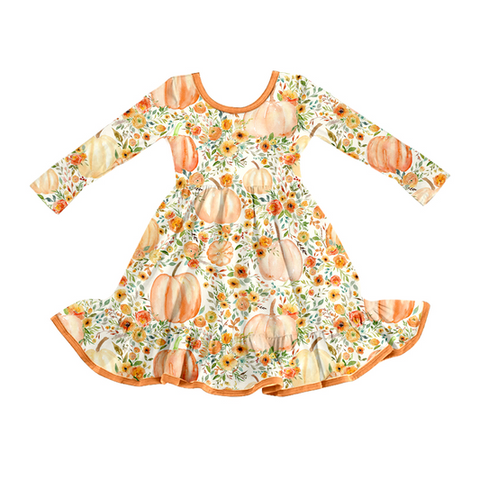 ( Moq 5 ) Preorder Baby Girl Long Sleeves Pumpkins Flower Fall Ruffle Knee Length Dress