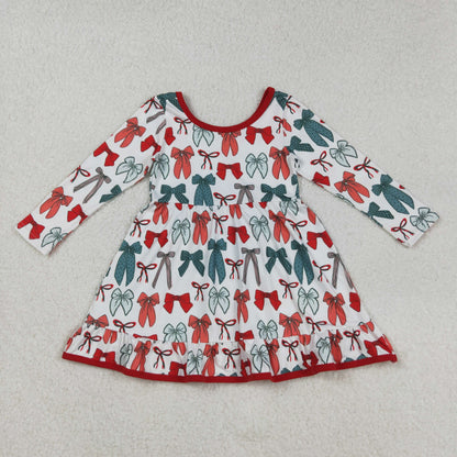 Girls Kids Long Sleeves Red Green Bows Sibling Christmas Knee Length Dress RTS