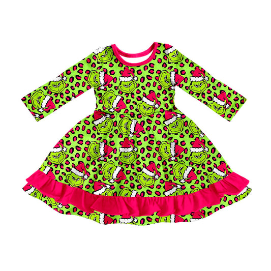 ( Moq 5 ) Preorder Baby Girl Long Sleeves Green Face Leopard Christmas Ruffle Dress