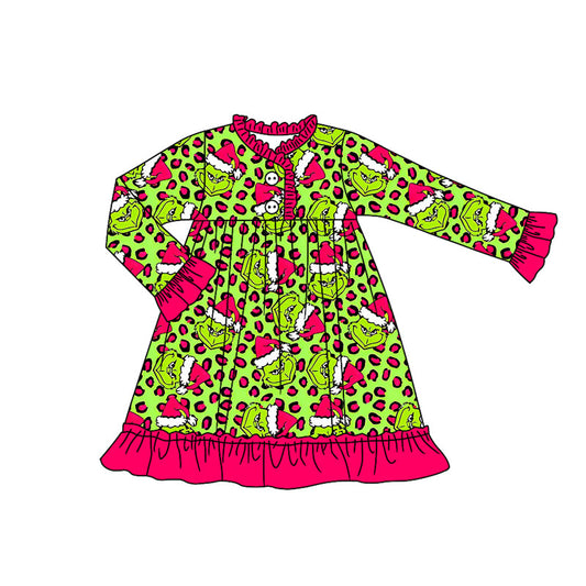 ( Moq 5 ) Preorder Baby Girl Long Sleeves Green Face Leopard Buttons Christmas Pajamas Gown Dress