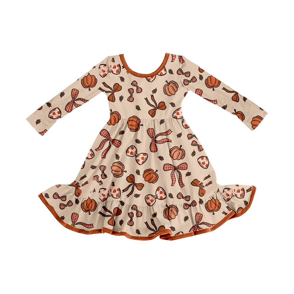 ( Moq 5 ) Preorder Baby Girl Long Sleeves Pumpkins Bows Fall Knee Length Dress