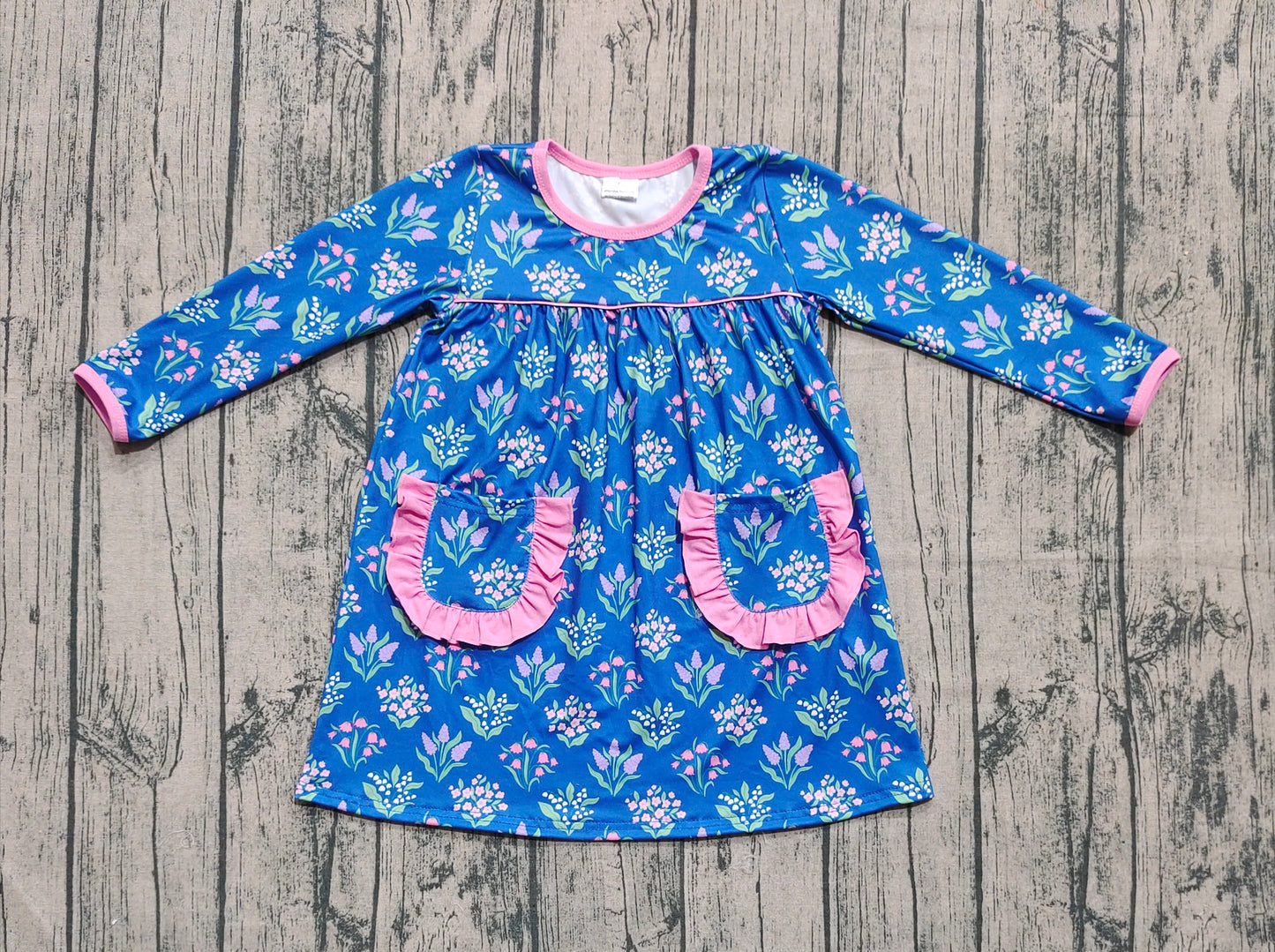 Baby Girl Long Sleeves Flower Pockets Knee Length Dress RTS