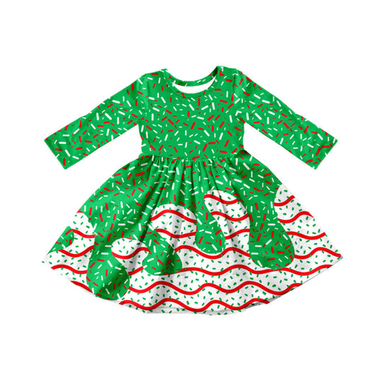 ( Moq 5 ) Preorder Baby Girl Green Long Sleeves Cookie Christmas Knee Length Drips Dress
