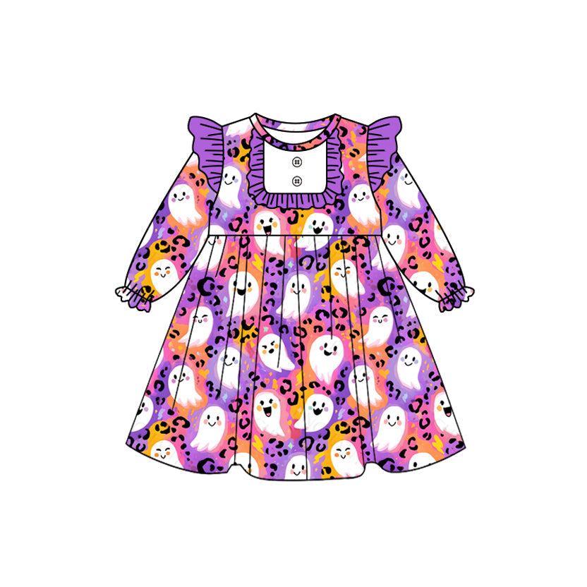 ( Moq 5 ) Preorder Baby Girl Long Sleeves Ghost Leopard Purple Ruffle Halloween Dress