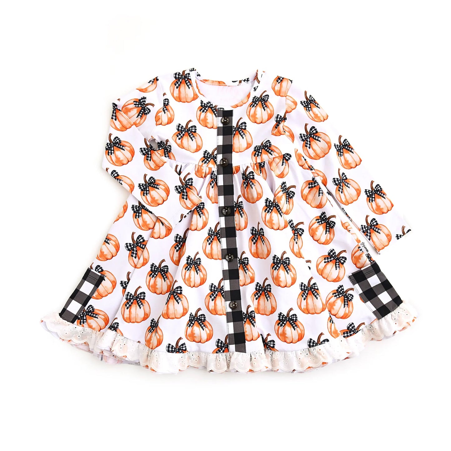 ( Moq 5 ) Preorder Baby Girl Long Sleeves Pumpkins Bows Pockets Fall Ruffle Knee Length Dress