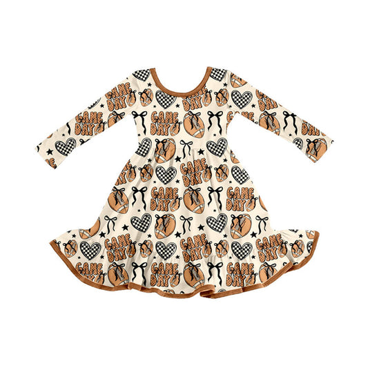( Moq 5 ) Preorder Baby Girl Long Sleeves Game Day Football Bows Knee Length Dress