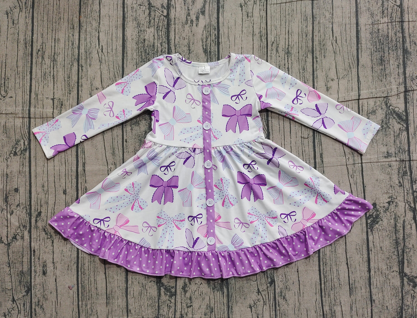 Baby Girl Kids Long Sleeves Bows Knee Length Purple Ruffle Dress RTS