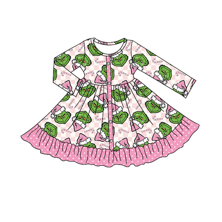 ( Moq 5 ) Preorder Baby Girl Long Sleeves Green Face Christmas Ruffle Dress