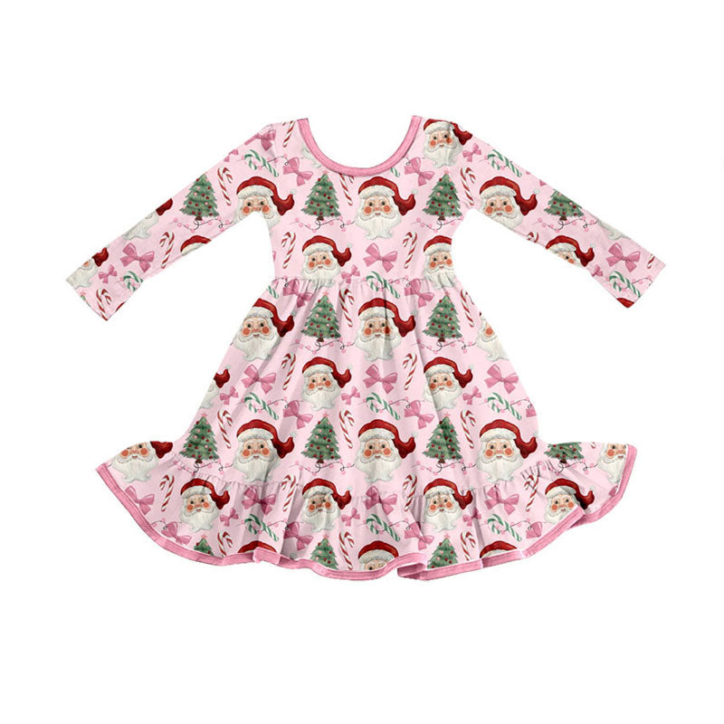 ( Moq 5 ) Preorder Baby Girl Long Sleeves Santa Bows Tree Pink Ruffle Christmas Dress