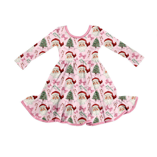 ( Moq 5 ) Preorder Baby Girl Long Sleeves Santa Bows Tree Pink Ruffle Christmas Dress