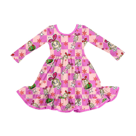 ( Moq 5 ) Preorder Kids Girls Long Sleeves Cartoon Christmas Pink Plaid Dress