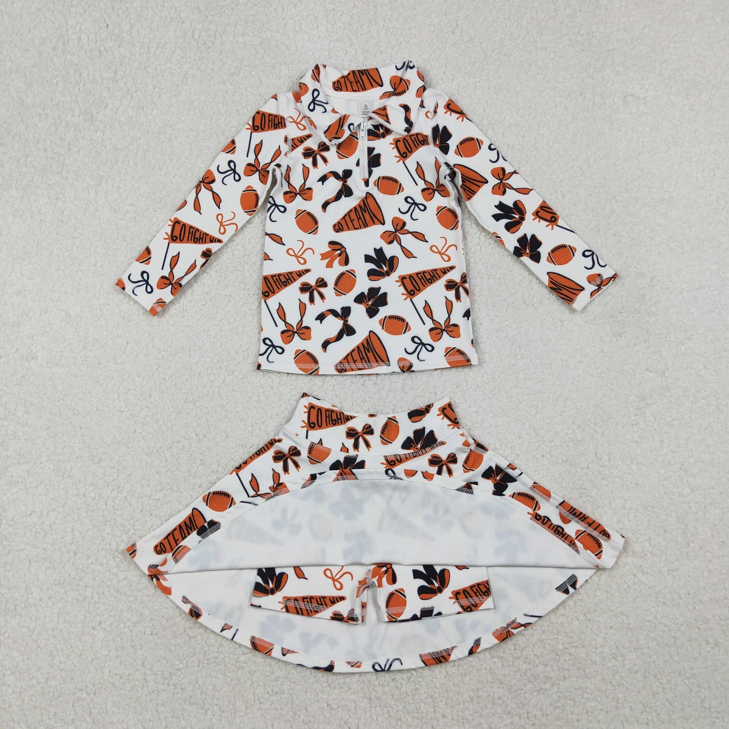 Sibling Baby Girl Orange Football Bows Team Cheer Zipper Shirt Skort Pants Yoga Active Set RTS