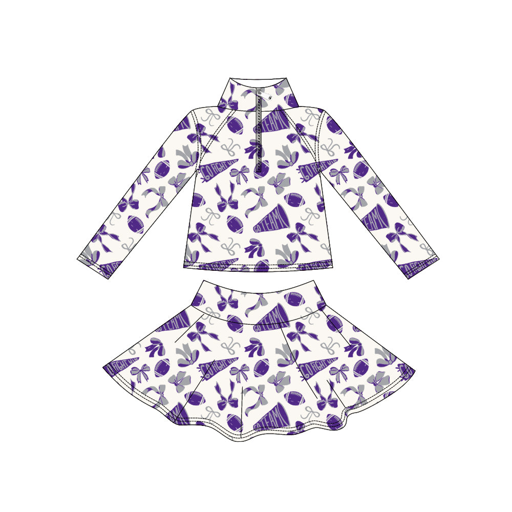 ( Moq 5 ) Preorder Girls Kids Purple Bows Football Zipper Shirt Yoga Active Skorts Team Clothes Set