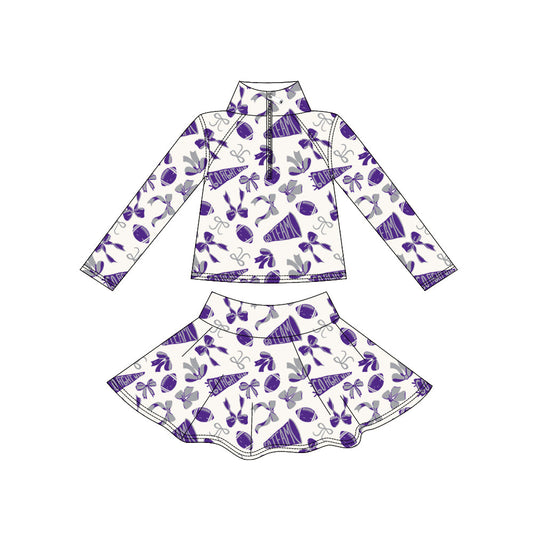 ( Moq 5 ) Preorder Girls Kids Purple Bows Football Zipper Shirt Yoga Active Skorts Team Clothes Set