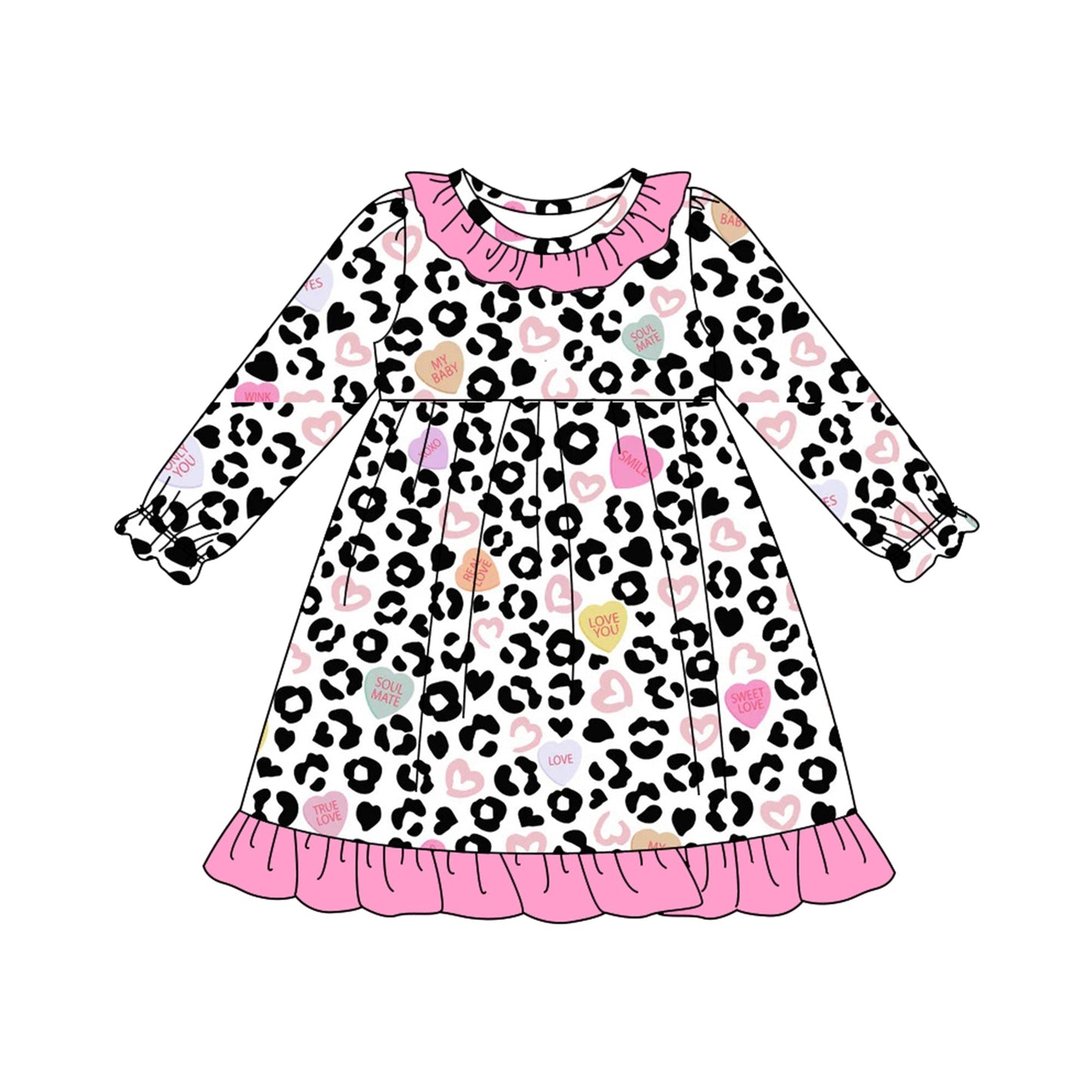 ( Moq 5 ) Preorder Girls Kids Hearts Leopard Valentine's Day Ruffle Knee Length Dress