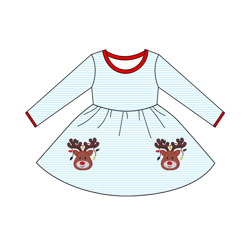 ( Moq 5 ) Girls Kids Long Sleeves Deer Lights Stripes Christmas Blue Knee Length Dress