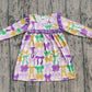 Girls Kids Long Sleeves Bows Purple Ruffle  Mardi Gras Knee Length Dress RTS