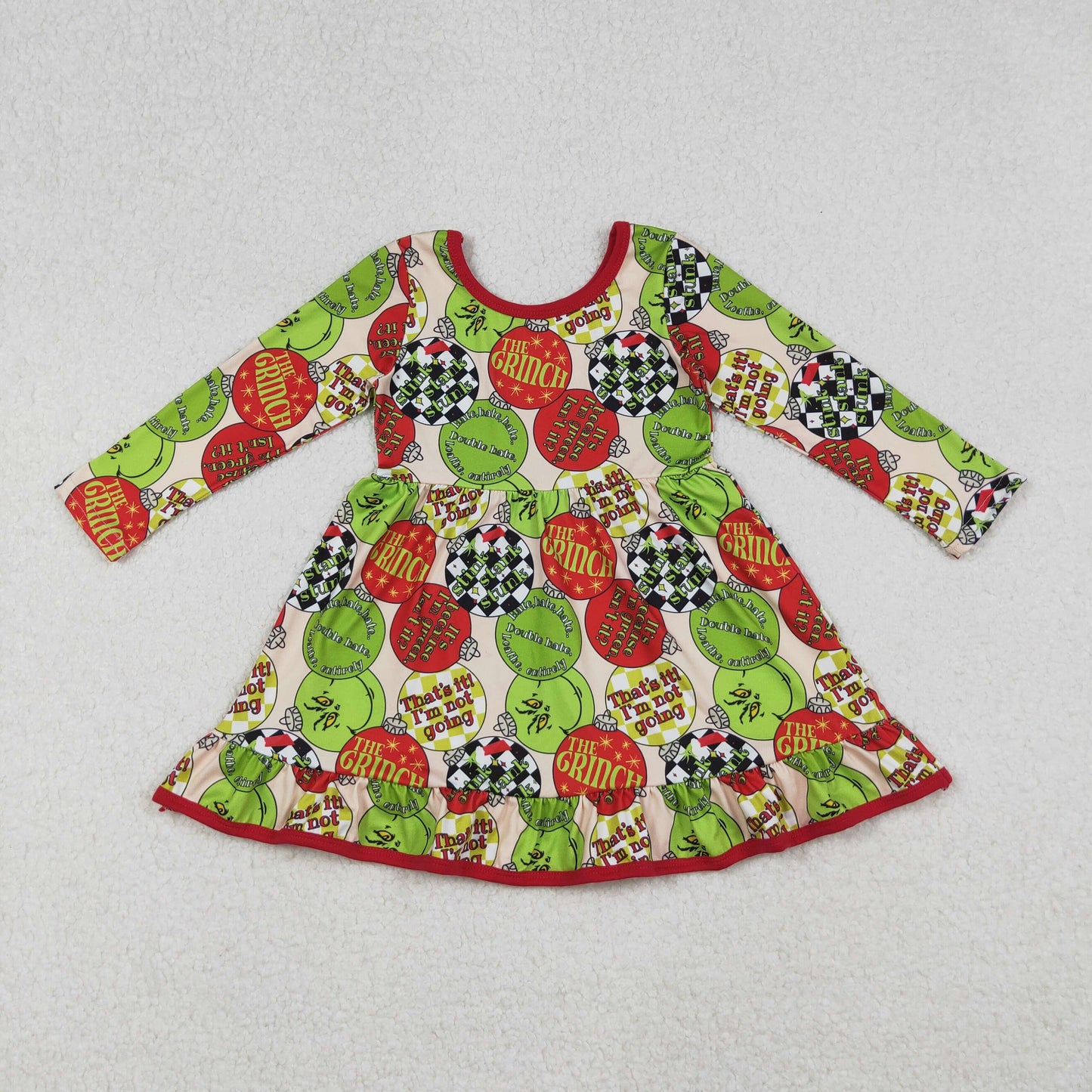 Sibling Baby Girls Kids Long Sleeves Green Face Christmas Ruffle Knee Length Dresses RTS
