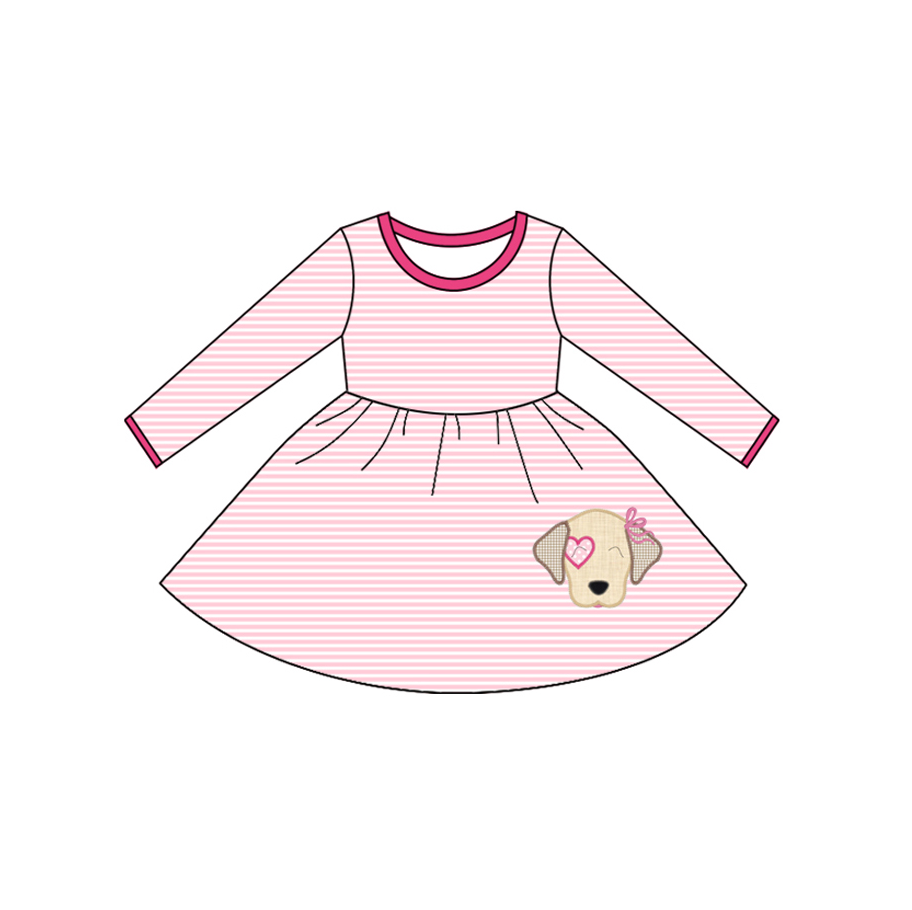 ( Moq 5 ) Preorder Girls Kids Long Sleeves Dog Heart Pink Stripes Valentine's Day Dress