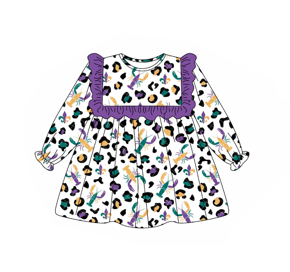 ( Moq 5 ) Preorder Girls Kids Crayfish Leopard Purple Ruffle Mardi Gras Knee Length Dress