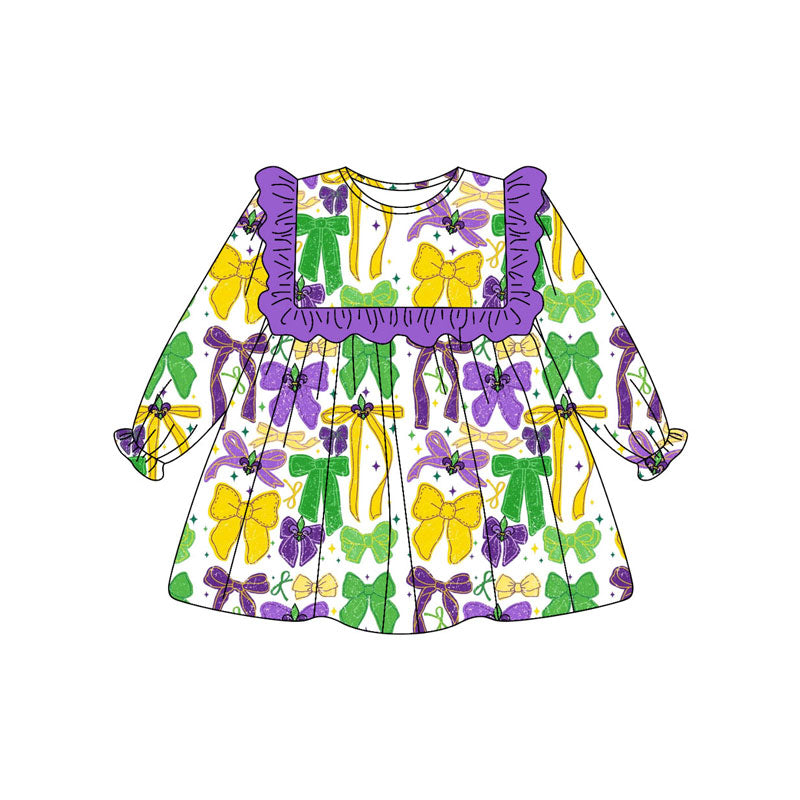 ( Moq 5 ) Preorder Girls Kids Long Sleeves Bows Purple Ruffle Mardi Gras Knee Length Dress