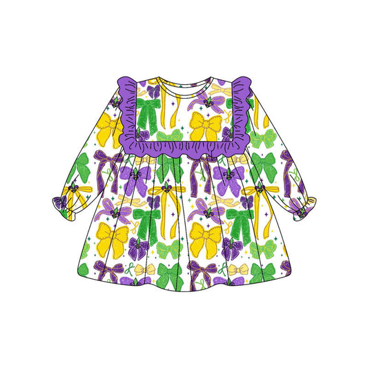 ( Moq 5 ) Preorder Girls Kids Long Sleeves Bows Purple Ruffle Mardi Gras Knee Length Dress