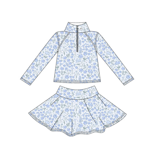 ( Moq 5 ) Baby Girls Kids Blue Floral Zipper Tops Skirts Shorts Skorts Yoga Active Set