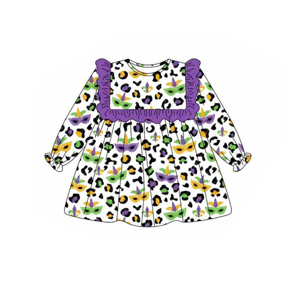 ( Moq 5 ) Girls Kids Masks Leopard Purple Ruffle Mardi Gras Knee Length Dress
