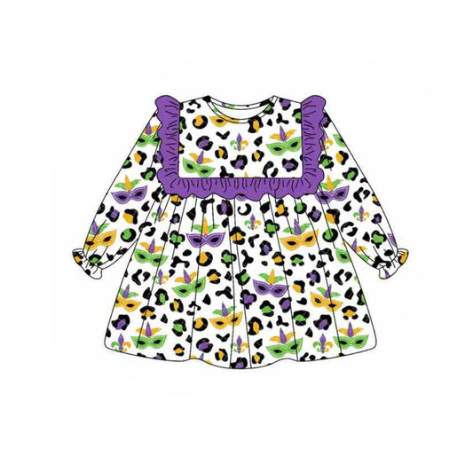 ( Moq 5 ) Girls Kids Masks Leopard Purple Ruffle Mardi Gras Knee Length Dress