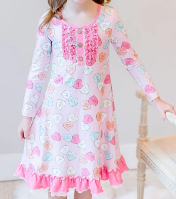( Moq 5 ) Preorder Baby Girls Kids Long Sleeves Hearts Valentine's Day Ruffle Dress