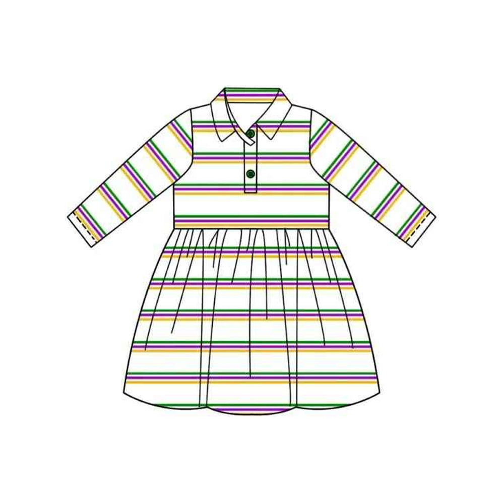 Girls Kids Long Sleeves Stripes Mardi Gras Knee Length Dress RTS