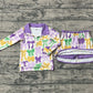 Girls Kids Long Sleeves Colorful Bows Zipper Tops Skort Mardi Gras Clothes Set RTS