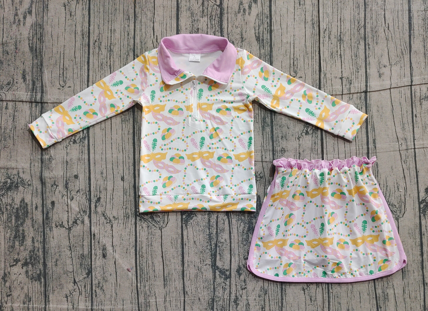 Baby Girls Kids Masks Zipper Tops Shorts Skirt Skort Mardi Gras Clothes Set RTS