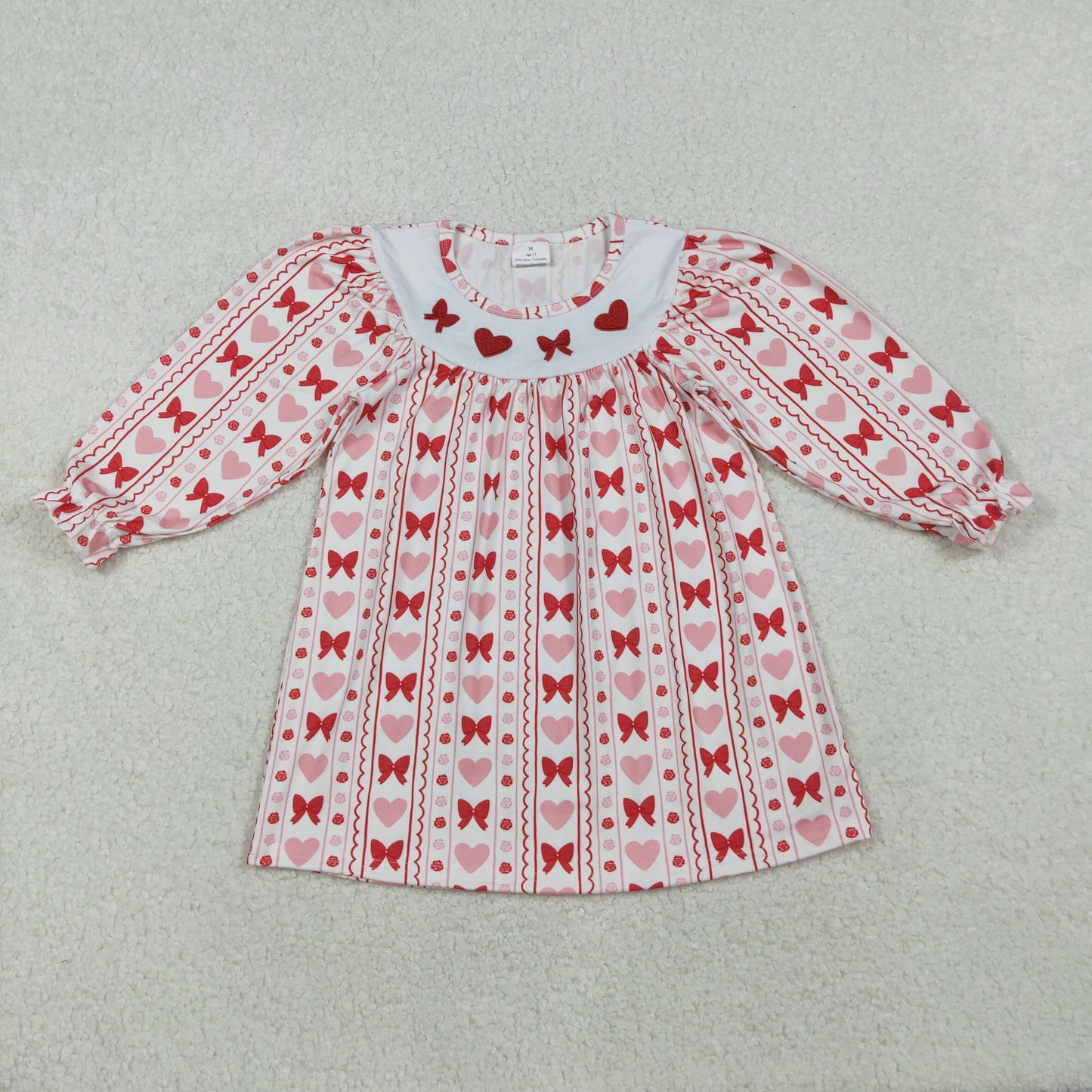 Sibling Baby Girl Long Sleeves Embroidery Hearts Bows Valentine's Day Dresses RTS