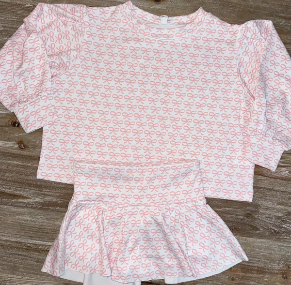 ( Moq 5 ) Preorder Girls Kids Long Sleeves Pink Bows Tops Skorts Yoga Active Set