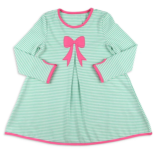 ( Moq 5 ) Preorder Girls Kids Green Stripes Long Sleeves Bow Knee Length Dress