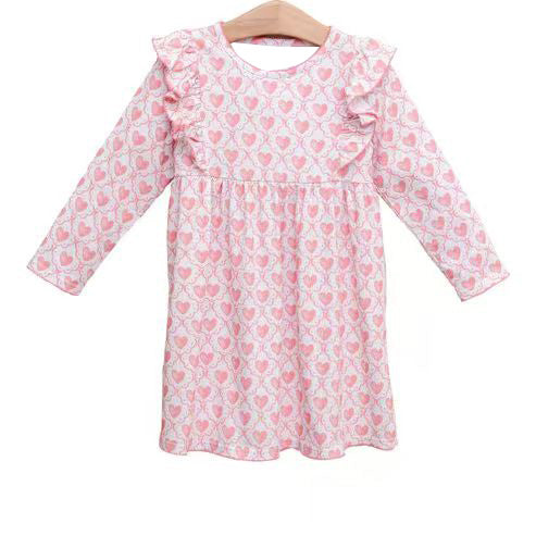( Moq 5 ) Preorder Girls Kids Long Sleeves Hearts Bows Valentine's Day Knee Length Dress