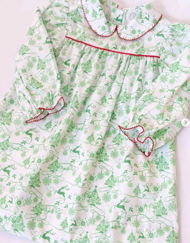 ( Moq 5 ) Preorder Girls Kids Long Sleeves Green Deer Christmas Knee Length Dress